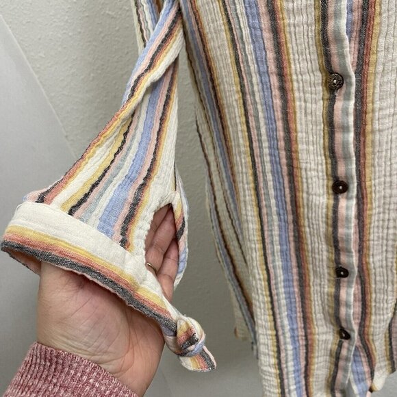 Soft Surroundings Slub Cotton Gauze Stripe Button Down Shirt Beachy size Large - Picture 6 of 9